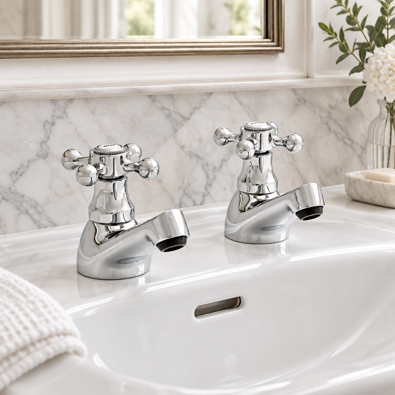 Pair of traditional Kartell Viktory polished chrome crosshead basin taps mounted on a white ceramic washbasin