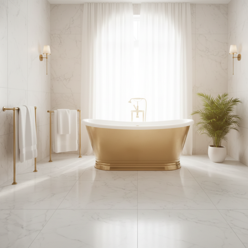 BC Designs brass freestanding traditional boat bath in a bright luxury spa bathroom setting
