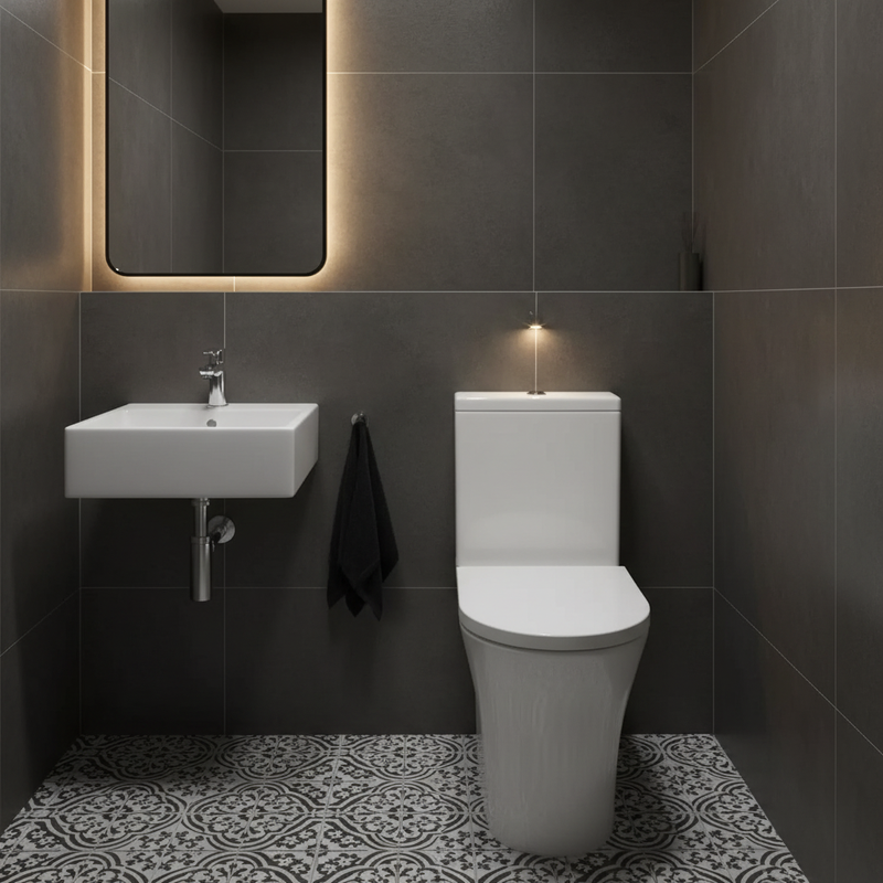 Kartell Kameo rimless close-coupled toilet in a stylish compact cloakroom bathroom setting
