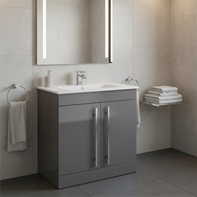 Modern gloss grey floor standing vanity unit with chrome bar handles and ceramic basin styled in a contemporary designer bathroom