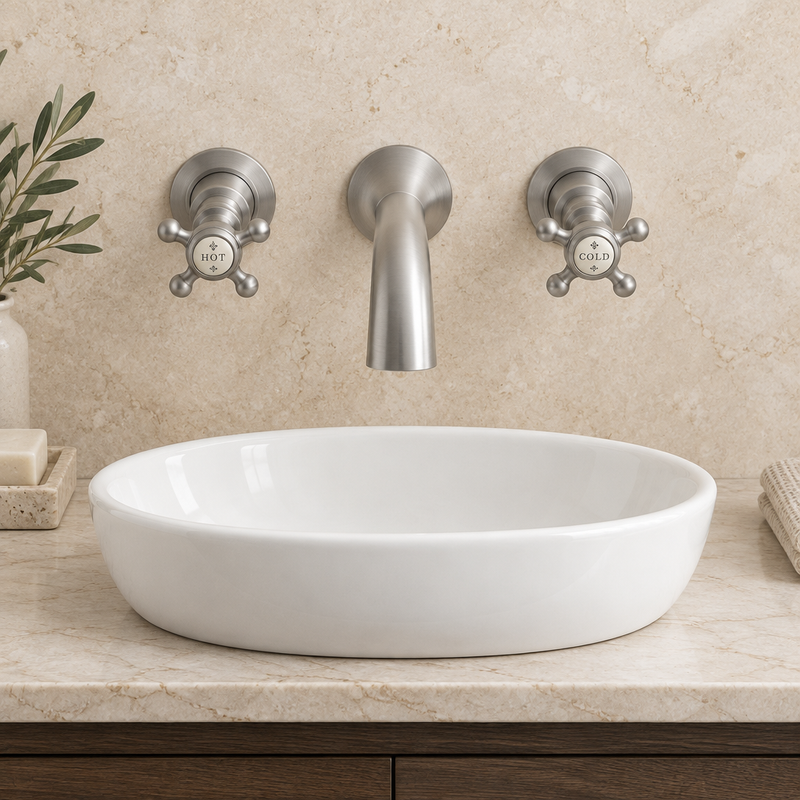BC Designs Victrion brushed chrome crosshead three-hole wall-mounted basin filler facing forward over a countertop basin