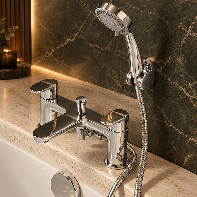 Chrome bath shower mixer with handheld shower and hose against dark veined stone, warm lighting and pale travertine