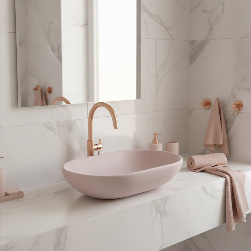Matte blush pink oval solid surface countertop basin on white Carrara marble counter in a bright luxury bathroom setting