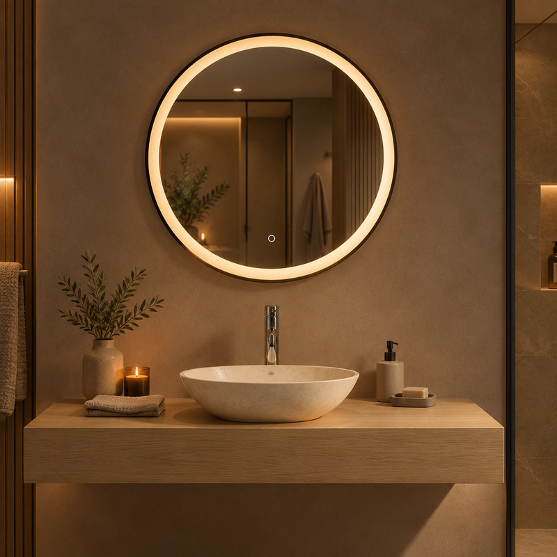 Kartell Tetbury round black-framed bathroom mirror with warm illuminated edge above a basin