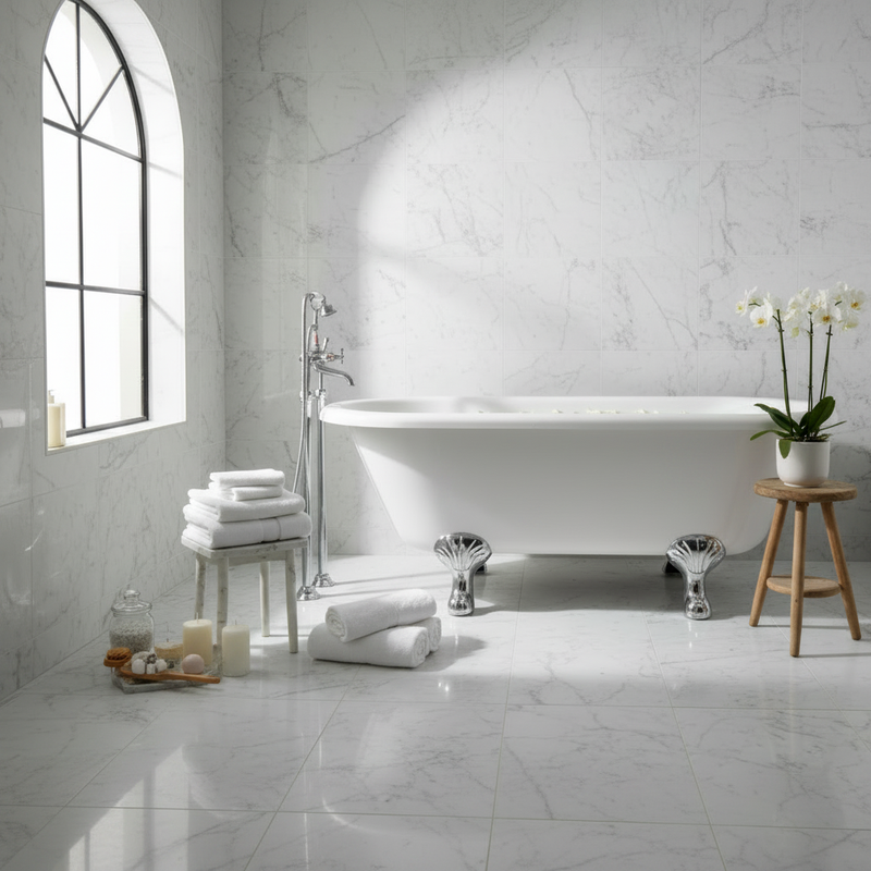 BC Designs Elmstead freestanding bath in a luxury marble bathroom setting, square format