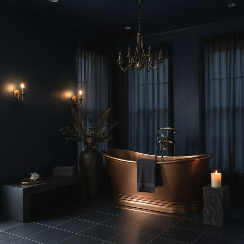 BC Designs all-copper freestanding boat bath in a dramatic dark midnight navy luxury bathroom setting