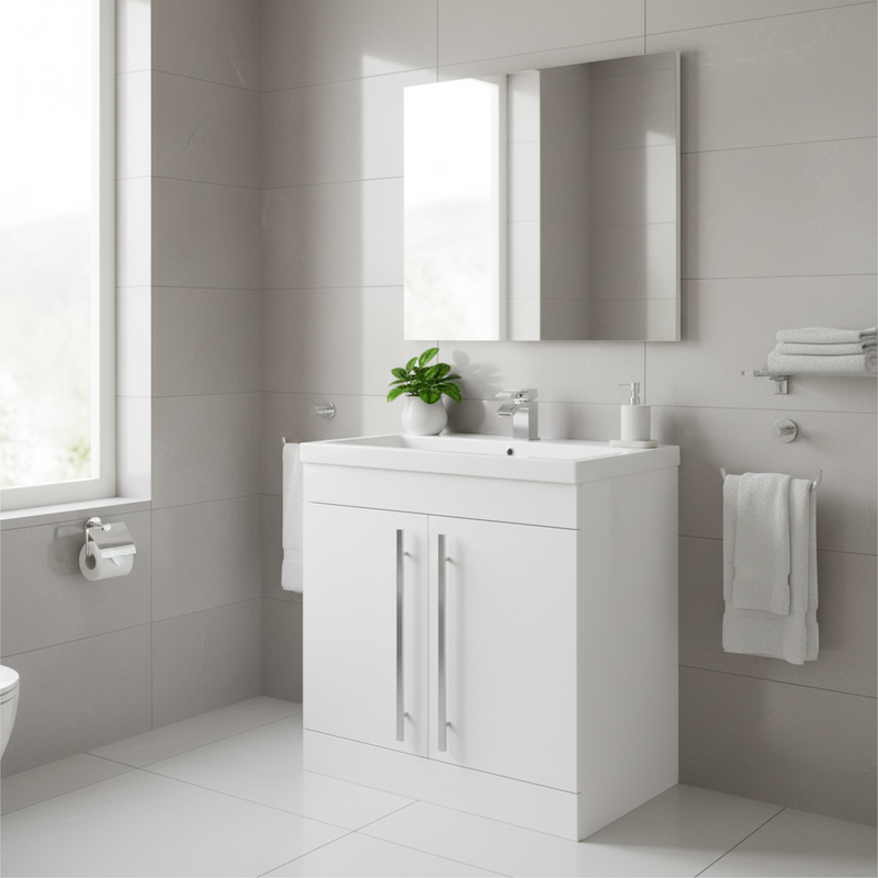 Kartell Purity 800mm gloss white floor standing 2 door vanity unit with chrome bar handles and ceramic basin styled in a bright designer bathroom