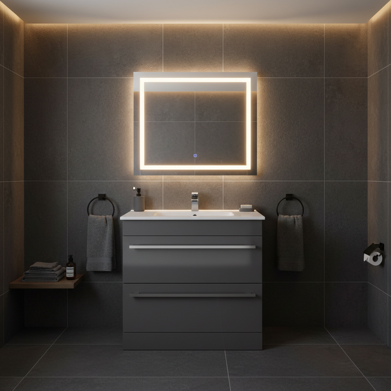 Kartell Purity storm grey gloss floor standing 2 drawer vanity unit with chrome bar handles and ceramic basin styled in a sophisticated dark designer bathroom