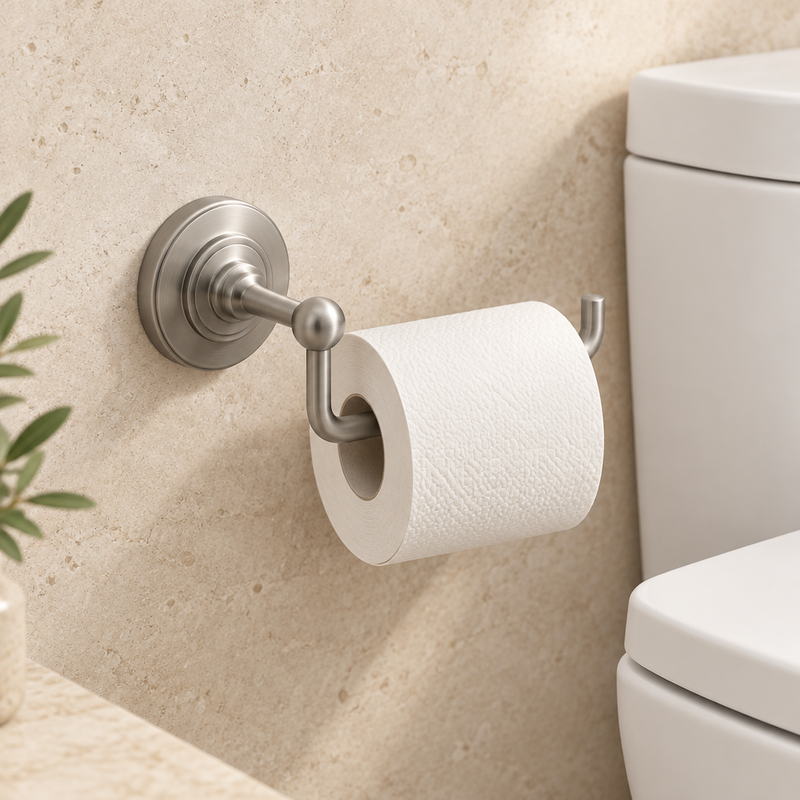 Wall-mounted brushed silver toilet roll holder beside white toilet in warm limestone bathroom