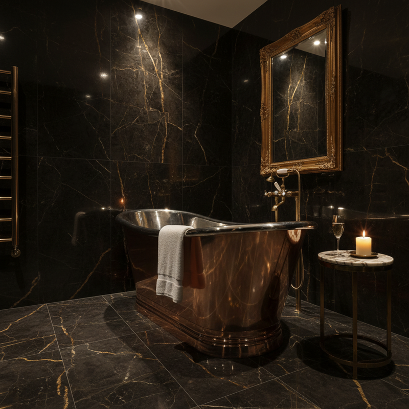 BC Designs polished copper freestanding boat bath in an upmarket luxury bathroom setting