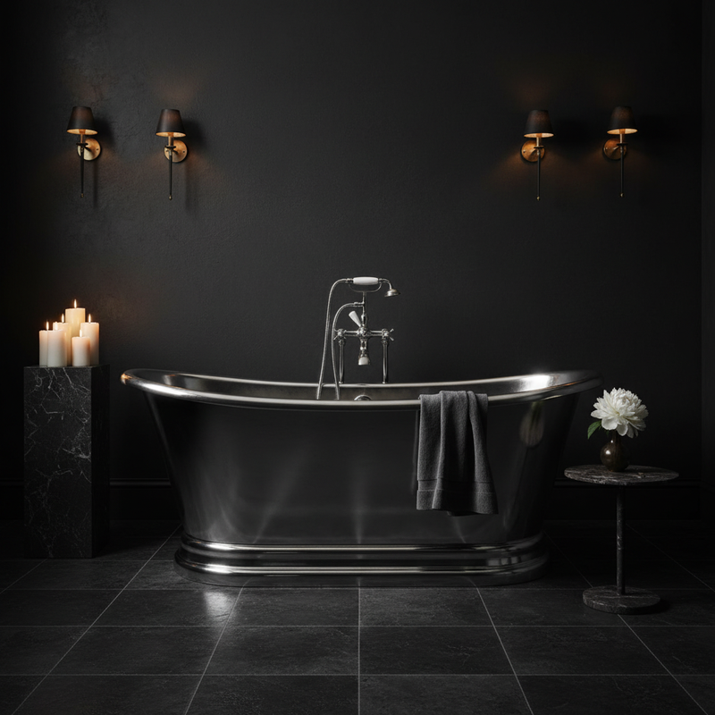 BC Designs polished nickel freestanding boat bath in a dramatic dark luxury bathroom setting