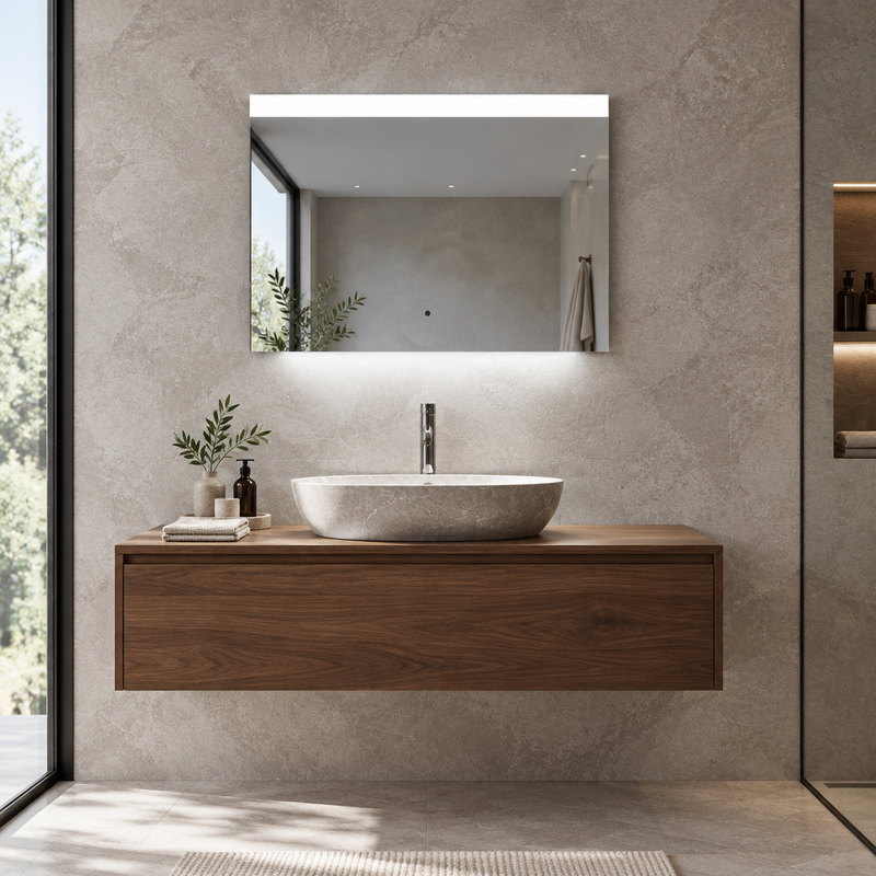 Kartell Tresham landscape mirror with bright white top bar and basin lighting in a designer bathroom