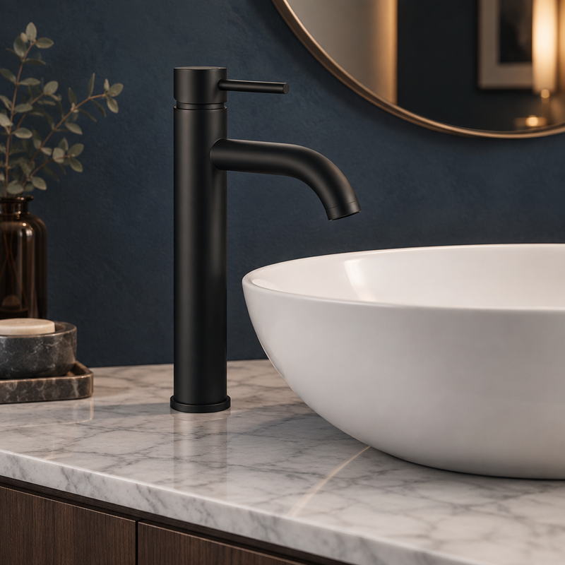 Matt-black Chepstow Orca freestanding basin mixer beside a white vessel basin on a pale marble counter against a deep slate-blue wall