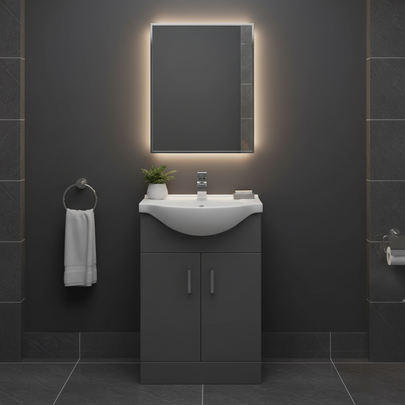 Axis floor standing vanity unit in a stylish contemporary cloakroom with dark walls and warm lighting