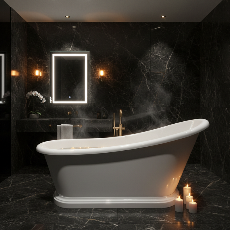 BC Designs white slipper sanded freestanding bath glowing against a dramatic near-black marble luxury bathroom setting with warm golden lighting