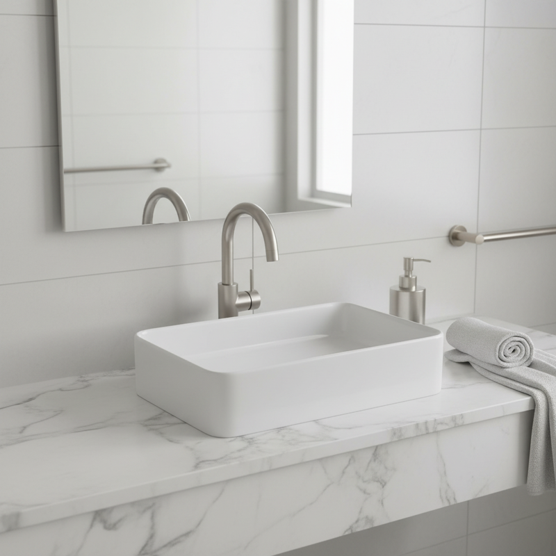 White gloss rectangular ceramic countertop basin on white Carrara marble counter in a bright luxury bathroom setting