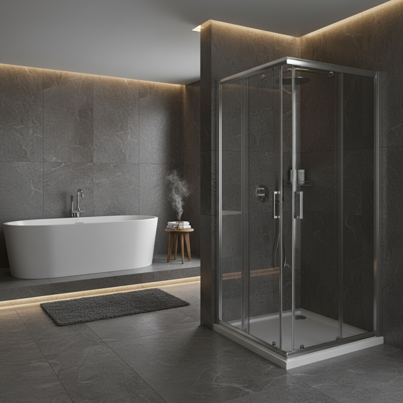 Chrome corner shower enclosure in a luxury bathroom setting