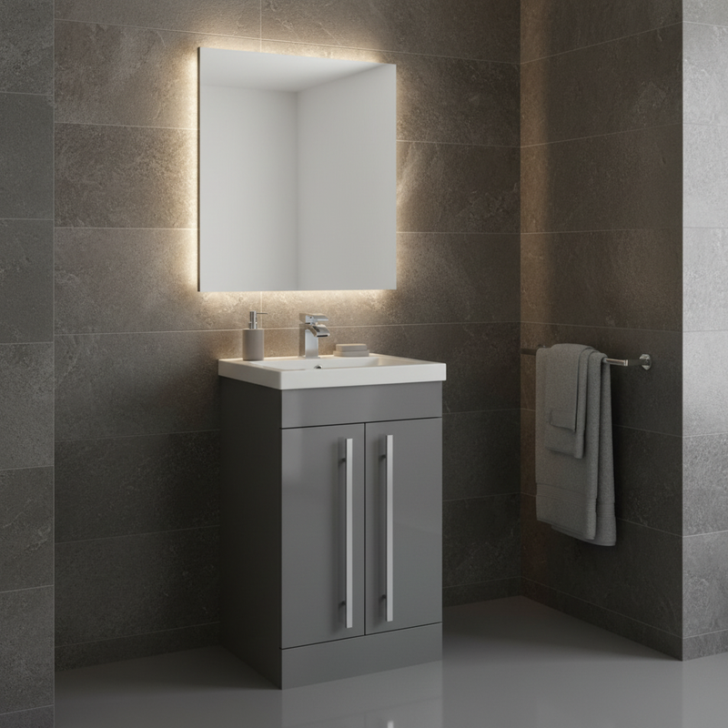 Grey gloss two door floor-standing vanity unit with basin in a contemporary bathroom setting