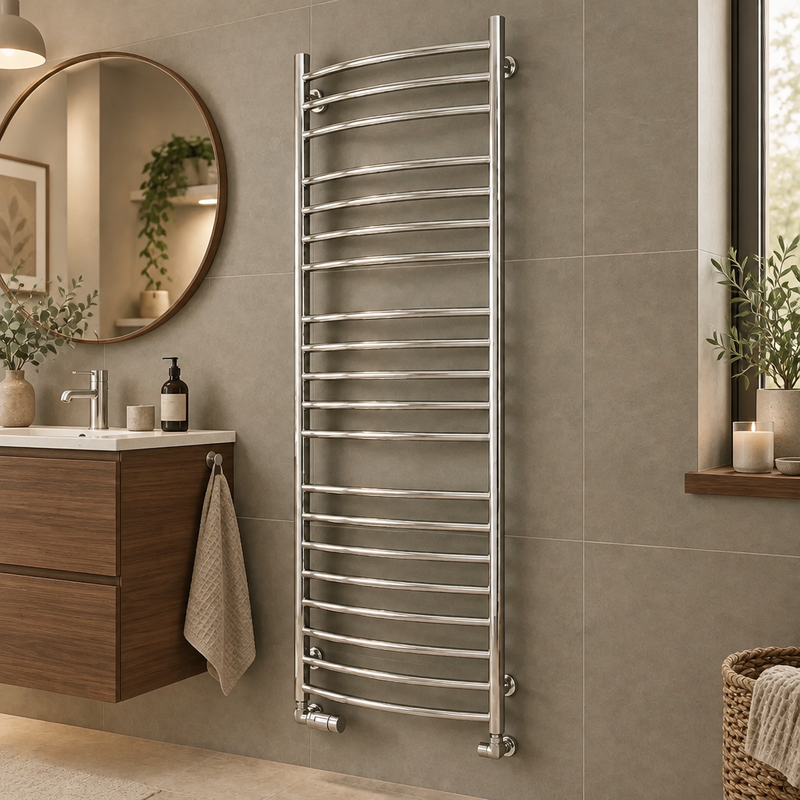 Chrome ladder towel rail in a designer bathroom with soft stone-grey and sage tones