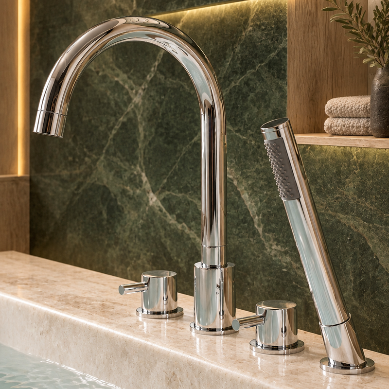 Chrome tall bath shower mixer with high-arc spout and handheld shower set against deep-green stone, pale travertine and warm bathroom lighting
