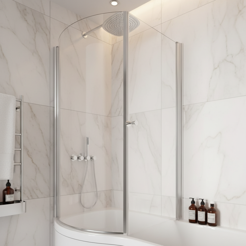 Eastbrook Beaufort chrome curved pivot bath screen installed over a bath in a luxury marble-tiled bathroom with warm ambient lighting