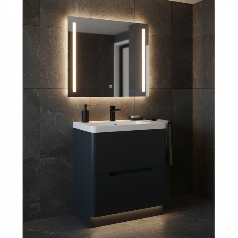 Shadow grey floor-standing vanity unit with basin in a modern bathroom setting