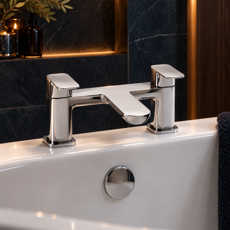 Chrome bath bridge mixer tap with square lever handles installed on a white bathtub against dark tile and timber in warm light