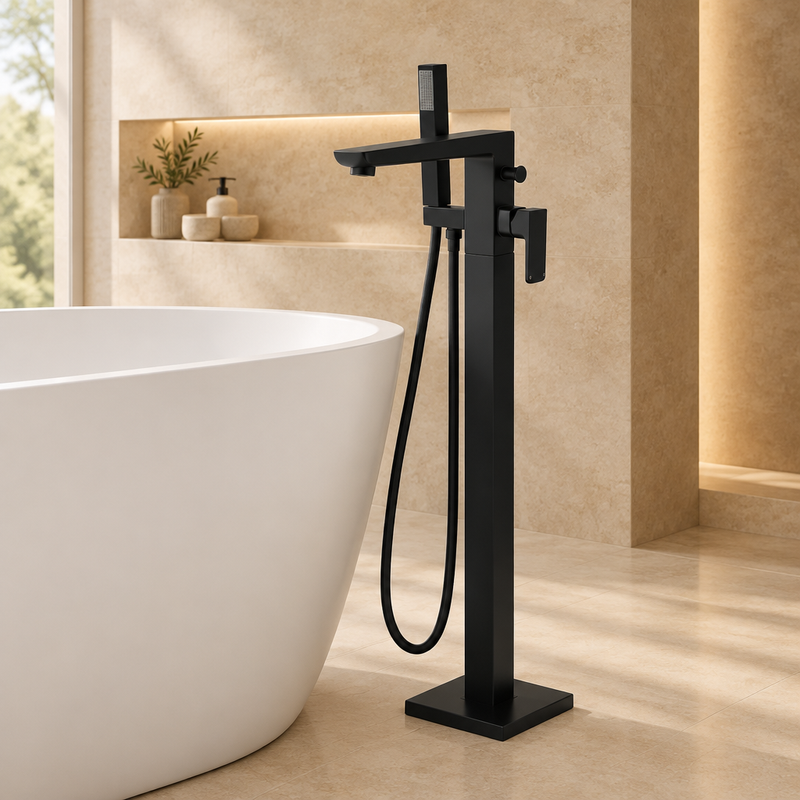 Matte black freestanding bath shower mixer with hand shower beside a white bath in a contemporary bathroom