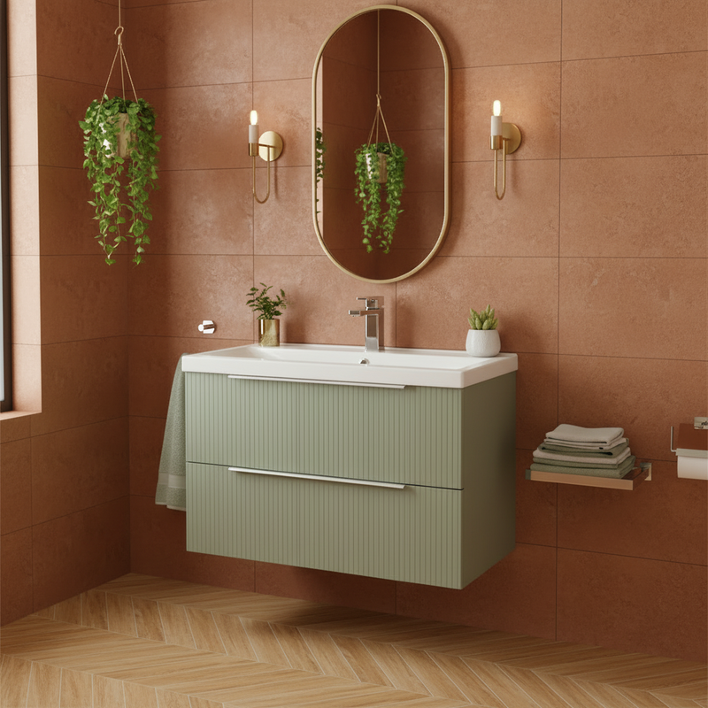 Hudson Reed sage green ribbed wall-hung floating 2 drawer vanity unit with ceramic basin styled in a warm luxurious bathroom with terracotta stone tiles, brass accents and oval mirror