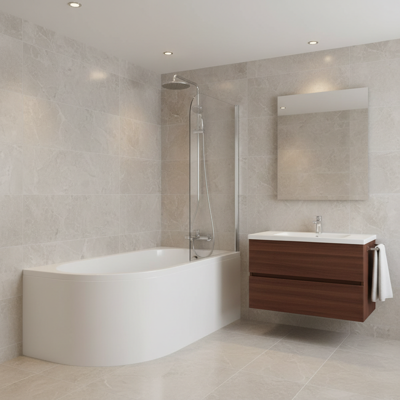 BC Designs white acrylic corner shower bath in a modern designer bathroom setting