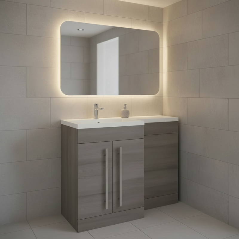 Grey wood-effect L-shaped combination vanity unit with offset basin in a modern bathroom setting