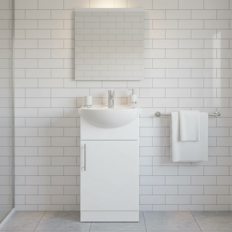 White gloss single door floor-standing vanity unit with basin in a classic bathroom setting