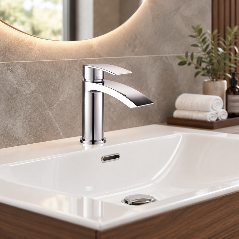 Kartell Curve mono basin mixer tap in chrome in a luxury modern bathroom