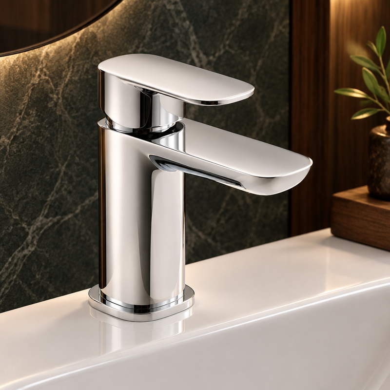 Polished chrome mono basin mixer tap installed on a white basin against dark stone tile and wood accents
