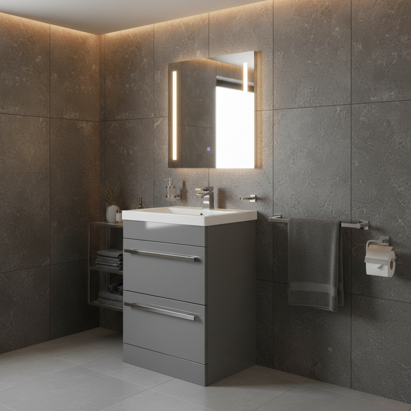 Mid grey gloss two drawer floor-standing vanity unit with basin in a sophisticated bathroom setting