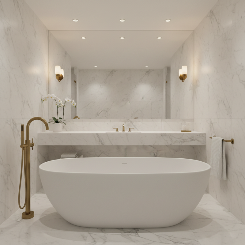 BC Designs Crea white sculptural solid surface freestanding bath in a Carrara marble luxury spa bathroom setting