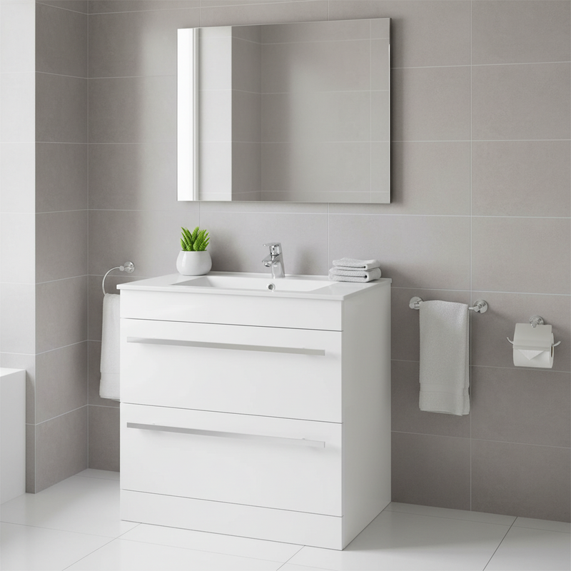 Kartell Purity gloss white floor standing 2 drawer vanity unit with chrome bar handles and ceramic basin styled in a bright designer bathroom