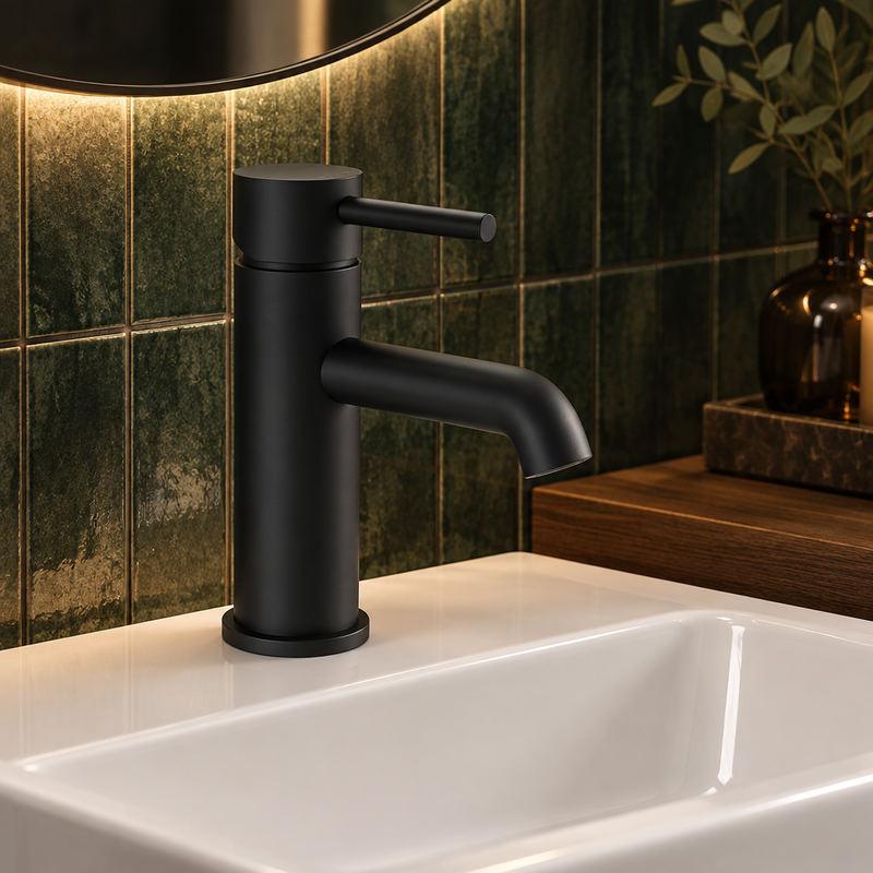 Chepstow Orca matt black mono basin mixer tap installed on a white basin against deep green tile and a smoked walnut vanity
