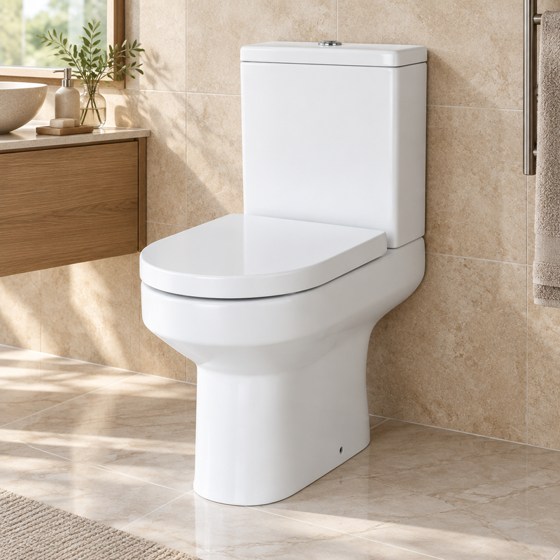 Nuie Harmony white semi-flush-to-wall toilet and cistern in a pale stone bathroom; seat shown for styling