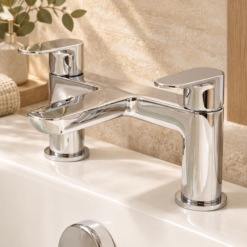 Polished chrome two-handle bath mixer against warm ivory limestone with light oak accents in a designer bathroom