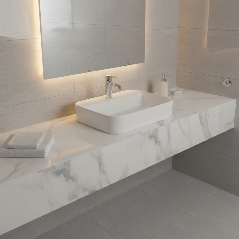 White rectangular countertop basin with tap hole on marble bathroom counter