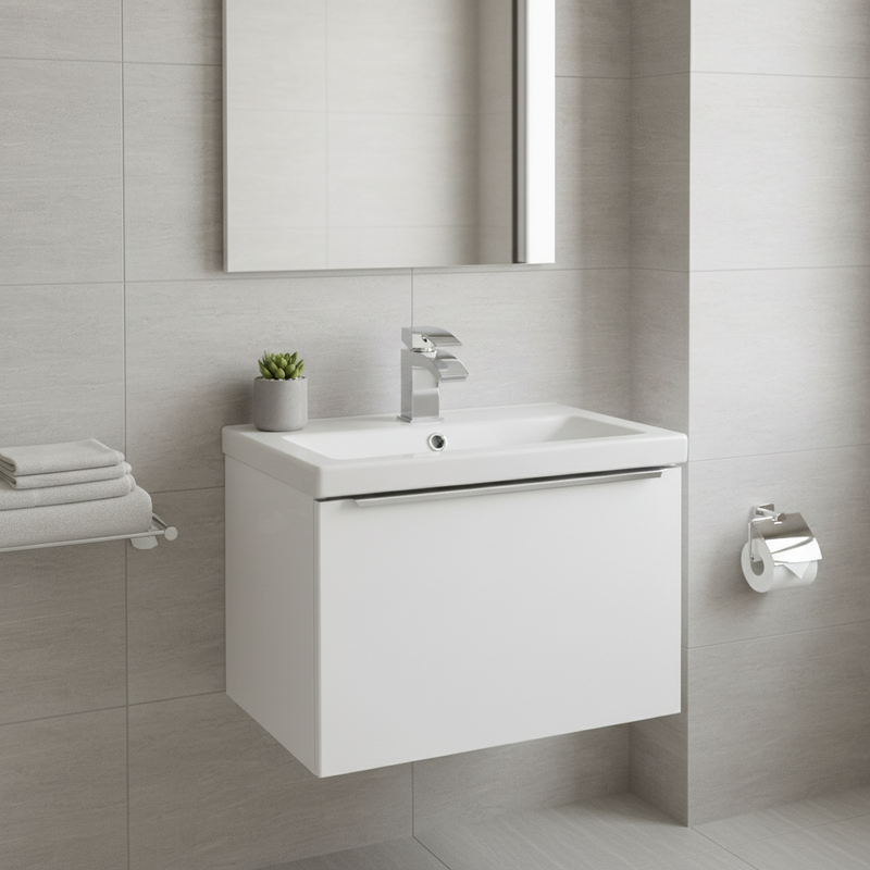 Compact white gloss wall-mounted vanity unit with integrated ceramic basin and chrome mono tap in a bright modern bathroom setting