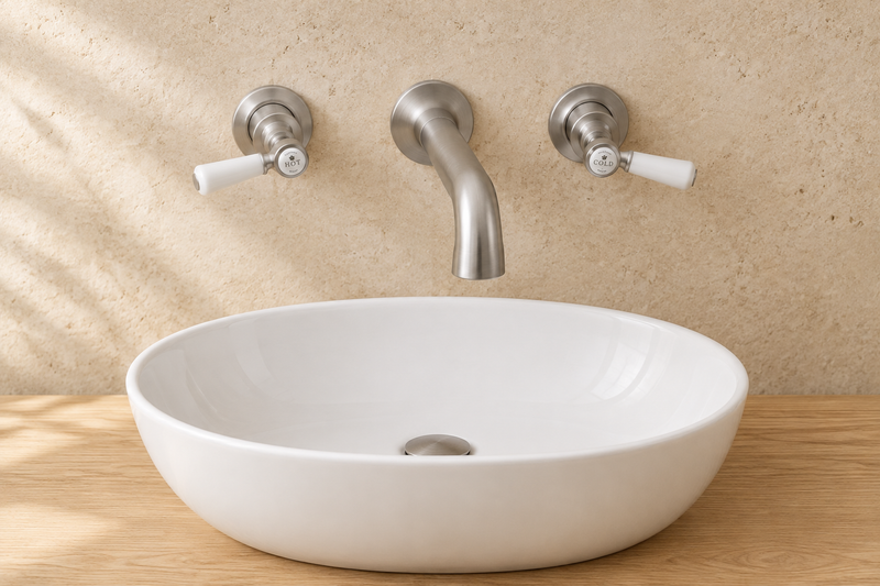 Brushed chrome three-piece wall-mounted basin filler with white lever handles above an oval countertop basin and oak vanity