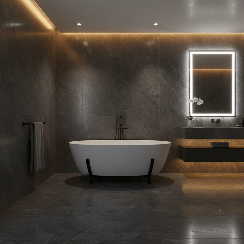 BC Designs Essex grey solid surface oval bowl bath on black metal legs in a sophisticated dark stone contemporary luxury bathroom setting