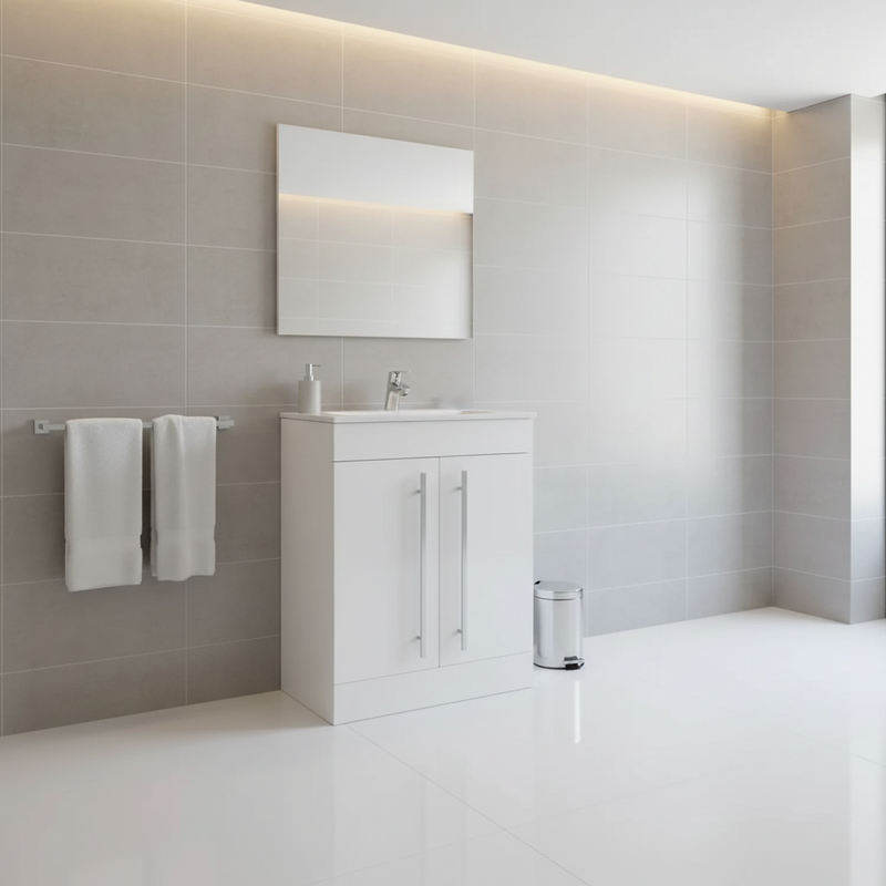 White gloss two door floor-standing vanity unit with basin in a modern bathroom setting