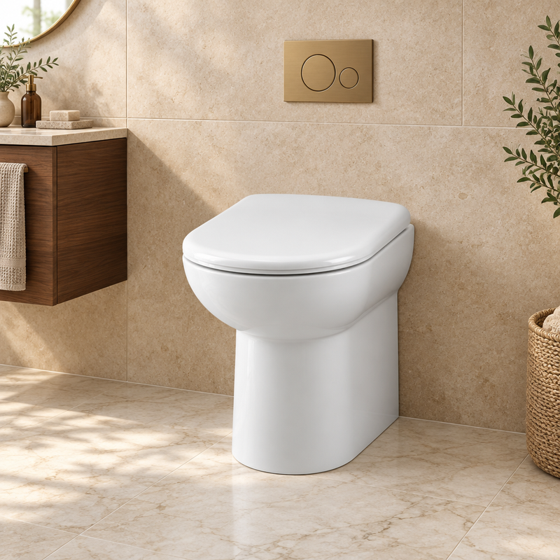 White back-to-wall toilet in a limestone bathroom with a brass flush plate shown on the wall for styling