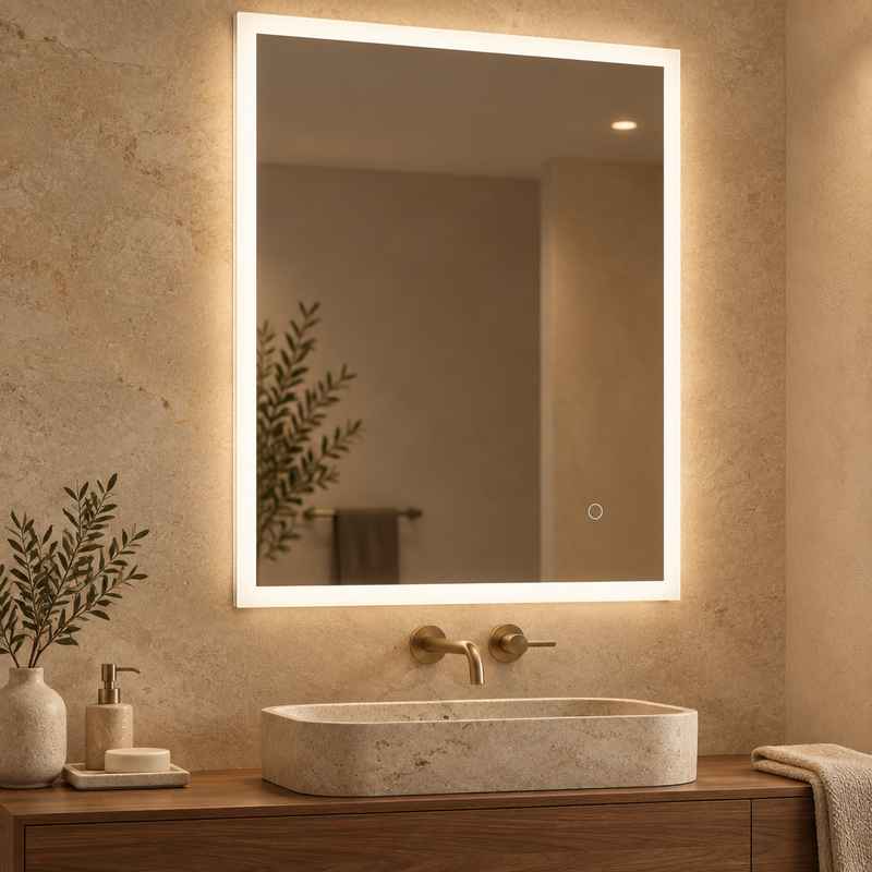 Rectangular illuminated bathroom mirror with touch control above a stone basin in a designer bathroom