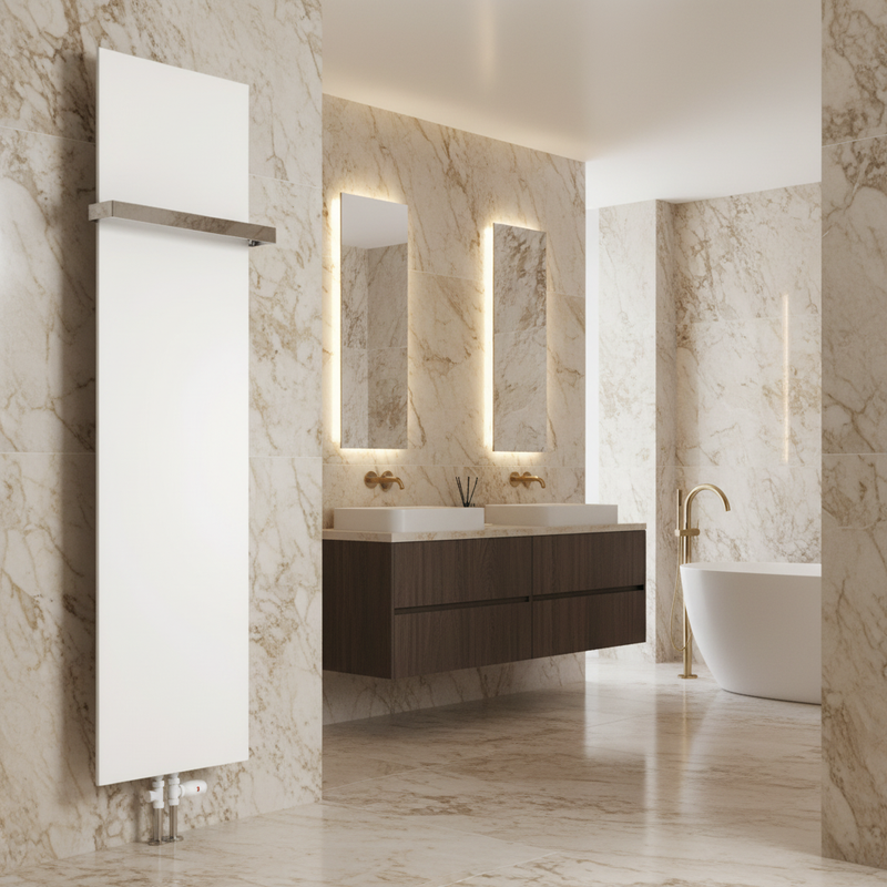 Reina Slimline White vertical designer radiator in a luxury marble bathroom setting