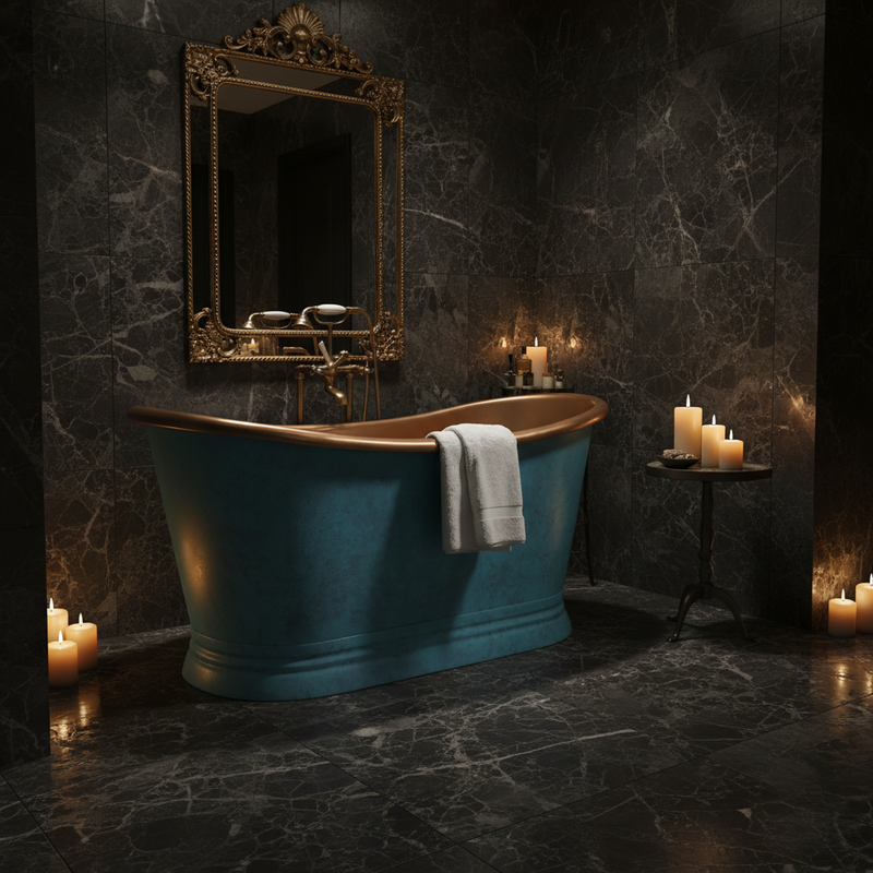 BC Designs freestanding teal and copper slipper bath in a classy luxury bathroom setting