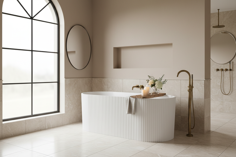White fluted freestanding bath in a luxury designer bathroom setting